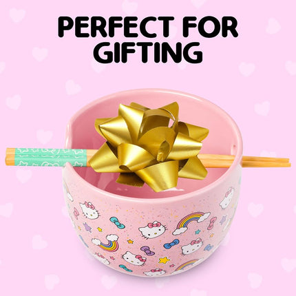 Silver Buffalo Sanrio Hello Kitty Bows Stars Rainbow Pattern Ceramic Ramen Noodle Rice Bowl with Chopsticks, Microwave Safe, 20 Ounces