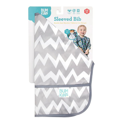 Bumkins Sleeved Bib, Handy Tie Closure for Custom Fit, Catch-All Pocket, Baby-Led Weaning, Waterproof, Machine Washable, Stain & Odour Resistant, BPA Free, 6-24 Months, Grey Chevron Design