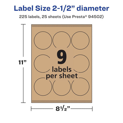 Avery Kraft Brown Round Labels with Sure Feed, 2.5" Diameter, 225 Kraft Brown Labels, Print-to-The-Edge, Laser/Inkjet Printable Labels