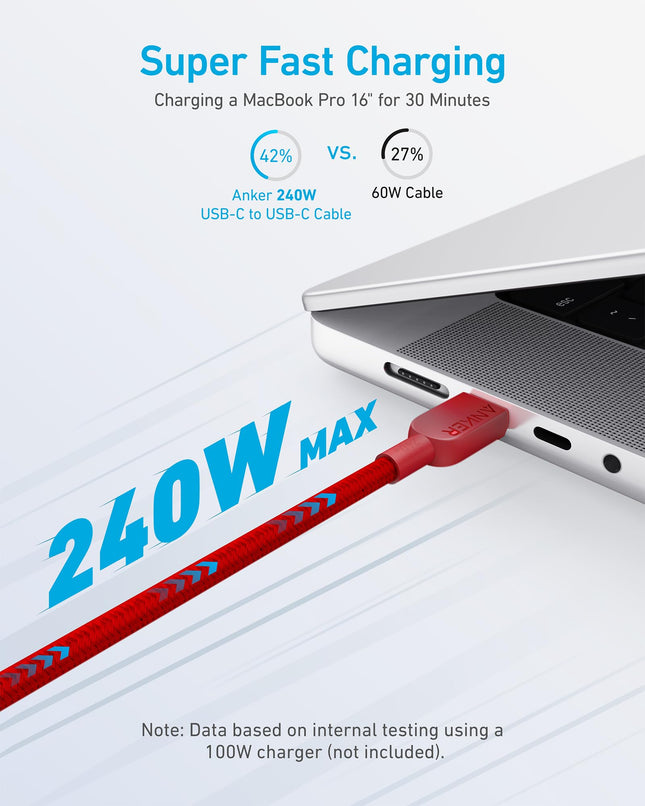 Anker USB C to USB C Cable (2Pack, 10FT),240W Type-C Fast Charging Cord for iPhone 17/16 Series,MacBook Pro 2020,iPad Air 4 and More (Red)