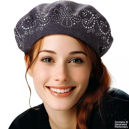 LADYBRO Sombreros Boina de Diamantes de Imitación para Mujer 2 Capas de Lana Gorro Tejido Francés Señora Invierno Negro, Gris, Talla Única