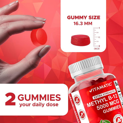 Vitamatic Extra Strength Vitamin B12 5000 mcg (Methyl B12) Gummies - 120 Count - Natural Cherry Flavored