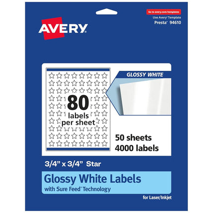 Avery Glossy White Star Labels with Sure Feed, 3/4" x 3/4", 4,000 Glossy White Labels, Print-to-The-Edge, Permanent Label Adhesive, Laser/Inkjet Printable Labels