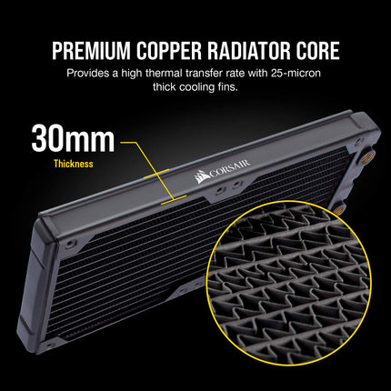 Corsair Hydro X Series, radiador de refrigeración líquida XR5 de 280 mm (soportes dobles para ventiladores de 140 mm, fácil instalación, construcción de cobre premium, revestimiento de poliuretano, guías integradas para tornillos de ventilador) Negro