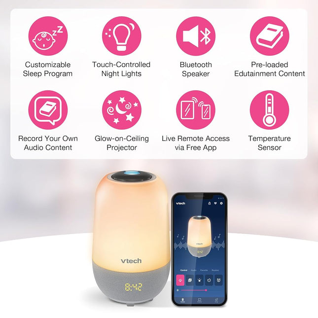 VTech BC8314 V-Hush Pro 2 Bluetooth Sleep Training Soother Speaker, One Touch Night Light Offers Over 250 Color Choices, 100 Stories, 100 Classical Songs, 10 Lullabies and 10 Natural Sounds.