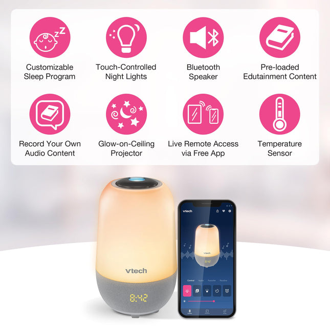 VTech BC8314 V-Hush Pro 2 Bluetooth Sleep Training Soother Speaker, One Touch Night Light Offers Over 250 Color Choices, 100 Stories, 100 Classical Songs, 10 Lullabies and 10 Natural Sounds.