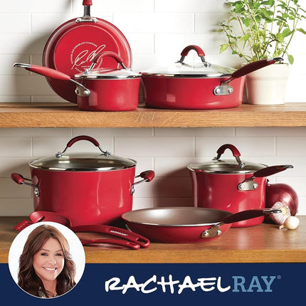 Set de utensilios de cocina de 12 piezas Rachael Ray Cucina antiadherente de esmalte de porcelana, color rojo arándano