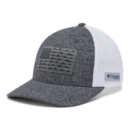 Columbia PFG Mesh Ball Cap-High, Grill Heather/White/US Fish Flag, S/M