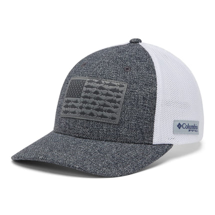 Columbia PFG Mesh Ball Cap-High, Grill Heather/White/US Fish Flag, X-Large