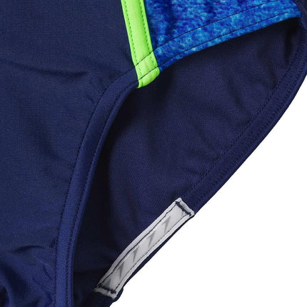 Traje de baño de una pieza con espalda cruzada Speedo para niña, Racerback Sport Splice (as1, Alpha, l, Regular, azul oscuro/verde neón)