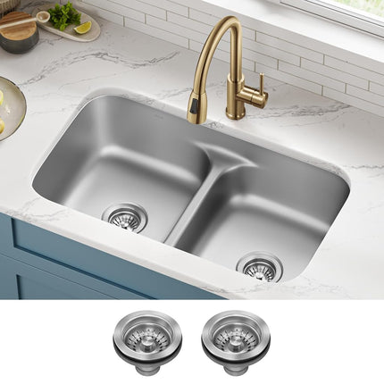 KRAUS KBU32 Premier 32-inch 16 Gauge Undermount 50/50 Double Bowl Kitchen Sink with Smart Low Divider