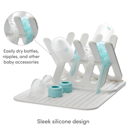 Munchkin Silicone Bottle Drying Rack and Mat, Holds 8 Bottles, Pump Parts, Pacifiers, & Accessories, Space Saving Folding Design, Home and Travel Use, Silicone, White
