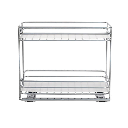 Household Essentials Glidez Paint-Finished Steel Pull-Out/Slide-Out Storage Organizer with Plastic Liner for Spice Rack Use - 2 -Tier Design - Fits Standard Size Cabinet or Shelf, Brushed Silver