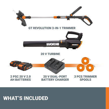 WORX WG930.2 20V Power Share GT Revolution 12" Cordless String Trimmer & Turbine Leaf Blower Combo Kit