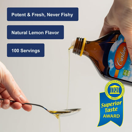 Carlson - The Very Finest Fish Oil, 1600 mg Omega-3s, Norwegian Fish Oil, Wild-Caught, Sustainably Sourced Fish Oil Liquid, Lemon, 16.9 Fl Oz