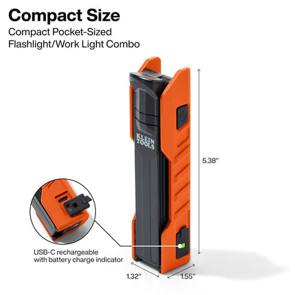 Klein Tools 56073 Foldable Craft Light, 500 Lumens LED with 180 Degree Rotation and 270 Degree Rotation, USB-C Rechargeable Flashlight with Built-in Spotlight, Magnetic Base, IP54 Rating