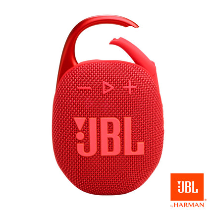 JBL Clip 5 - Altavoz Bluetooth ultraportátil, impermeable y a prueba de polvo, sonido profesional grande con bajos potentes, mosquetón integrado, hasta 12 horas de reproducción, fabricado en parte con materiales reciclados (Rojo)