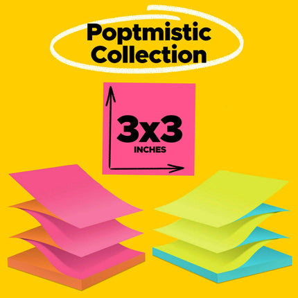 Blocs de Post-it Pop-up, 76 x 76 mm, 12 blocs, les notes adhésives préférées des Américains, couleurs assorties, collection Poptimistic. Retrait propre, recyclables (R330-N-ALT)