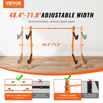 VEVOR Freestanding Kayak Storage Rack, Kayak Stand for 2 Kayak Canoe Paddleboard, Heavy-duty Steel Kayak Hanger Holder with Padded Arms and Adjustable Width, 79.5kg Max Load, for Indoor Outdoor Garage