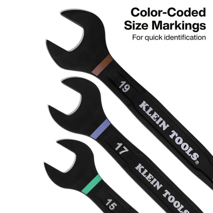 KLEIN TOOLS 69508M Metric Ratcheting Combination Wrench Set, 8-Piece, Slide-Lock 90-Tooth Ratchet, I-Beam Handle, Color-Coded Size Markings, Roll Pouch Storage