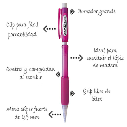 Lápiz automático Pentel Cometz, 0.9mm, cuerpo rosa, caja de 12 (AX119P) de Pentel