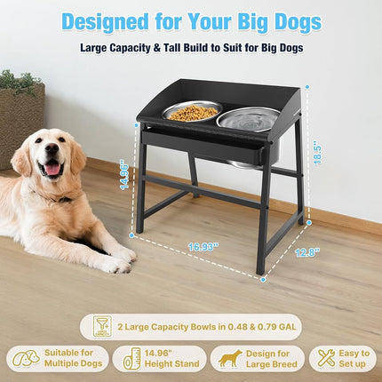 Elevated Dog Bowls for Large Dog, 15“ Tall Raised Food and Water Bowl Set with Stand, Full Metal Spill Proof Design and Stainless Bowls for Indoor & Outdoor Use