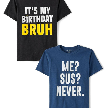 The Children's Place Boys' Assorted Everday Short Sleeve Graphic T-Shirts,multipacks, Bday Bruh/Me Sus Never 2-Pack, Small