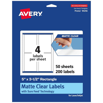Étiquettes rectangulaires Avery transparentes mates, technologie Sure Feed, 127 x 88,9 mm, 200 étiquettes transparentes mates, imprimables avec laser/jet d'encre