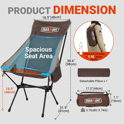 Overmont Portable High-Back Camping Chair - 440LBS Support Oversized Lightweight Folding Backpacking Chair for Adults - Compact with Detachable Pillow, Brown