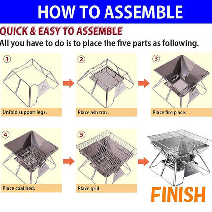CAMPINGMOON Portable Campfire BBQ Grill 14 Inch Stainless Steel Folding Fire Pit Wood Burning Adjustable Height Outdoor Cooking RV Camping Carry Bag MT-2