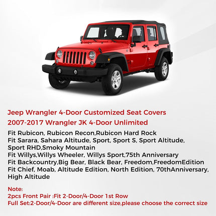Huidasource Front Seat Covers for Wrangler JK 2007-2017, Waterproof Wrangler Leather Seat Cushion Covers Fit for Jeep Wrangler JK 2-Door/4-Door Rubicon Altitude Willys Big Bear (Front Pair/Black&Red)