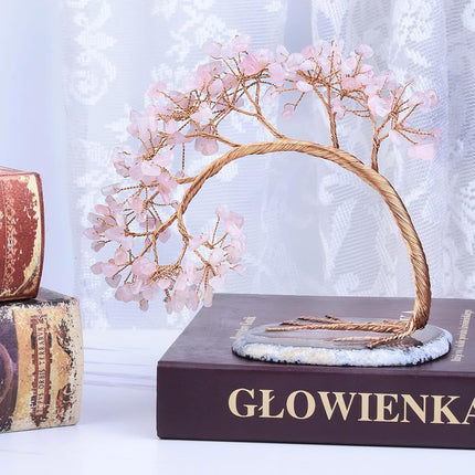 mookaitedecor Natural Rose Quartz Crystal Gemstones Money Tree Agate Slice Base Feng Shui Bonsai Crystal Tree for Wealth Luck Desk Decor, 4.5-5.2 Inch High