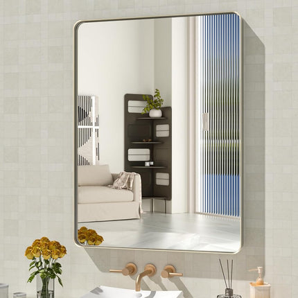Espejo de baño WEER 24x32 pulgadas, níquel cepillado, espejo de metal con marco plateado cepillado, espejo de tocador plateado rectangular redondeado, vidrio templado, antioxidante, se cuelga horizontal o verticalmente