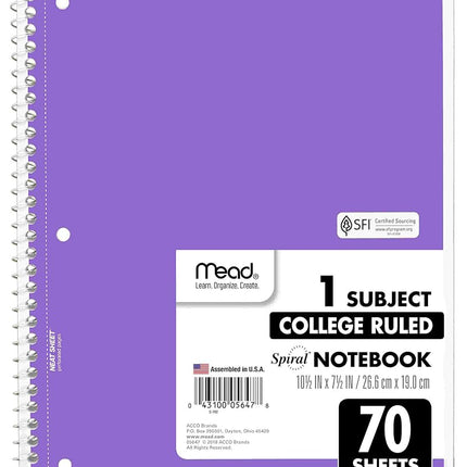 Mead Spiral Notebooks, 6 Pack, 1-Subject, College Ruled Paper, 10-1/2" x 8”, 70 Sheets per Notebook, Assorted Colors (73065)…