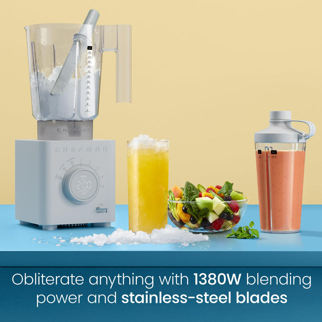 Licuadora de encimera Chefman Obliterator de 48 oz para batidos, motor de 1380 W para triturar hielo, frutos secos y fruta congelada con cuchilla de acero inoxidable, función de mezcla automática, incluye vaso de viaje de 20 oz - Concreto