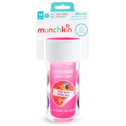 Munchkin Miracle 360 Tasse d'apprentissage isotherme, inclut des autocollants pour personnaliser la tasse, 266 ml, Rose