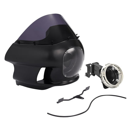 Carénage avant et support de phare ECOTRIC compatibles avec Harley Dyna Wide Glide FXDWG/I 2006-2017, Super Glide FXD/I, Custom FXDC/I, Street Bob FXDB/I, Low Rider FXDL/I avec pare-brise en plastique acier fumé