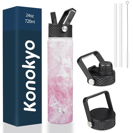 Konokyo Insulated Water Bottle with Straw,24oz 3 Lids Metal Bottles Stainless Steel Water Flask,Marble Blossom