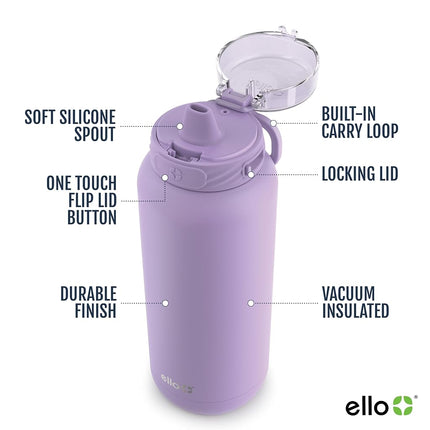 Ello Cooper Vacuum Insulated Stainless Steel Water Bottle with Soft Straw and Carry Loop, Double Walled, Leak Proof, Lilac, 32oz