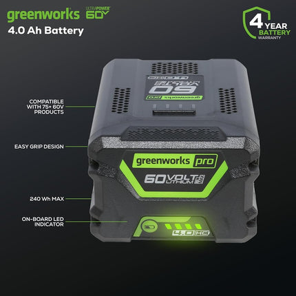 Greenworks 60V 4.0AH High Current (HC) Battery | Provides Fade-Free Power for Maximum Performance | Compatible with 75+ 60V Greenworks Tools