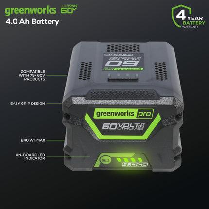 Greenworks 60V 4.0AH High Current (HC) Battery | Provides Fade-Free Power for Maximum Performance | Compatible with 75+ 60V Greenworks Tools