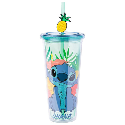 Silver Buffalo Disney Lilo et Stitch Gobelet froid en plastique pailleté Tropical et Ananas avec couvercle et paille, 710 ml