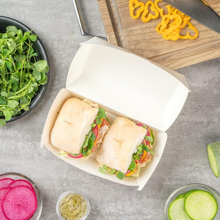 Bio Tek 6.7 x 3.5 x 3.5 Inch Clamshell Food Containers, 100 Disposable Sandwich Containers - Hinged Lid, Tab-Lock Closure, White Paper Hot Dog Containers, Recyclable, Greaseproof