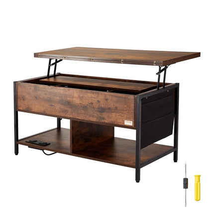 VEVOR Lift Top Coffee Table, 39.4 in Rectangle Coffee Table with Extra Storage Pockets, Flipable Coffee Table with Power Strip & USB & Ambient Lighting for Living Room, Brown