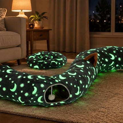 LUCKITTY Cat Tunnel Bed Under Christmas Tree with Plush Ball Toy Playground Crinkle Collapsible Self-Luminous Flannel Fabric 3FT for Large Cats Kittens Kitty Small Animals Puppy Grey Moon Star