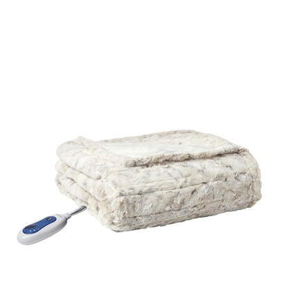 Beautyrest Zuri Reversible Faux Fur to Mink Electric Blanket, Auto Shut Off, Virtually Zero EMF, Multi Heat Setting, UL Certified, Machine Washable, Snow Leopard Throw 50x70