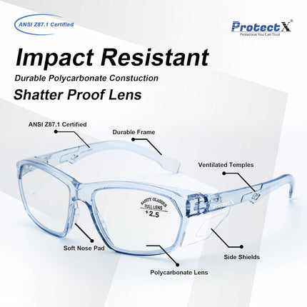 ProtectX Stylish Anti-Fog & Scratch-Resistant Safety Glasses With Readers, UV Protection Goggles, Anti-Impact Lightweight Glasses for Men＆Women Blue Reading Full Lens 2.5
