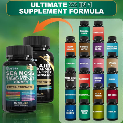 Boysea.Sea Moss and shilajit Bundle - 90 Count - Sea Moss 7000mg, Black Seed Oil 4000mg, Ashwagandha 2000mg, Ginger & Shilajit 9000mg, Rhodiola Rosea 1000mg, All in 1 Supplements (1 Pack)