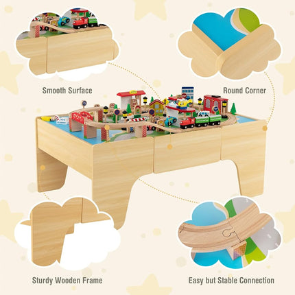 INFANS Train Table, 84 Pieces Wooden Kids Activity Toy Table Playset with Reversible Detachable Tabletop, Tracks, Train, Railway, City for Toddler Boys Girls