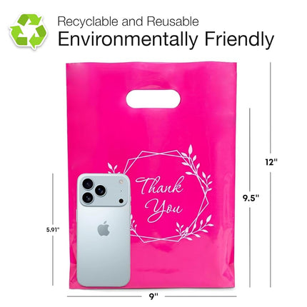 100 Pink Thank You Bags 1.5Mil Merchandise Bags 23cm x 30cm (9”x12”) and Pink Bags for Small Business Extra Thick Glossy Pink Retail Bags and Thank You Bags with Handles and Plastic Bags